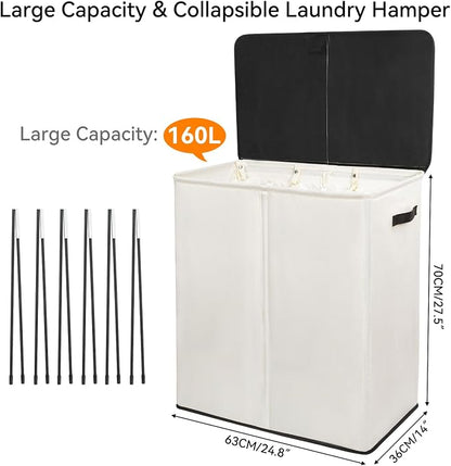WOWLIVE Laundry Hamper with Lid, 160L Large Laundry Basket 3 Section with - Image 6