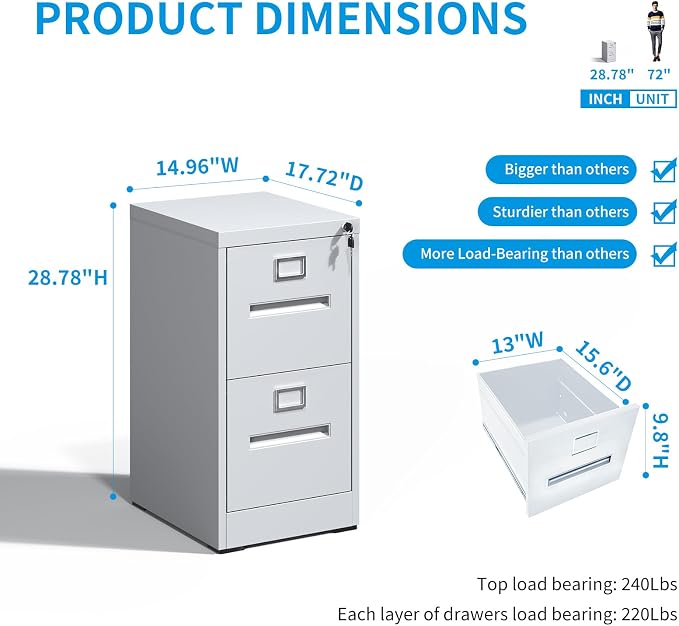 2 Drawer File Cabinet with Lock, Metal Vertical Filing Storage Cabinet - Image 3