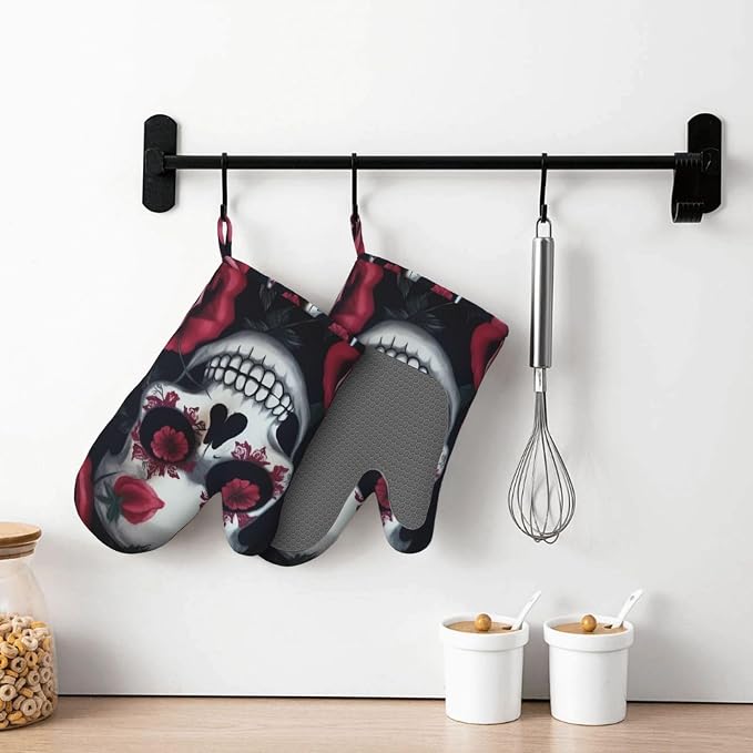 Rose Skull Eyes Print Oven Mitts Set of 2, Heat Resistant Silicone Oven Mittens - Image 7