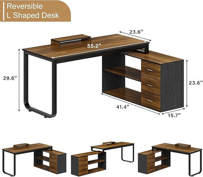55 Inch L Shaped with Storage Shelves, Corner Computer Desk with Drawers - Image 2