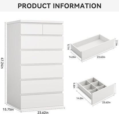 White Tall 7 Drawer Dresser for Bedroom, Modern Wood Closet Dressers & Chests - Image 2