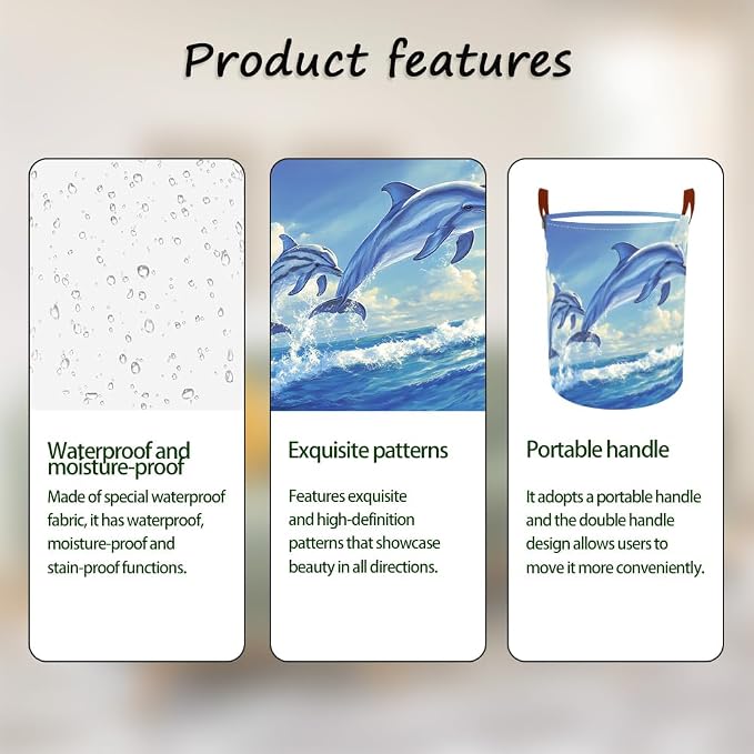 Laundry Baskets 15.7x19.7 Inch Large Dolphin Ocean Design Collapsible Laundry - Image 2