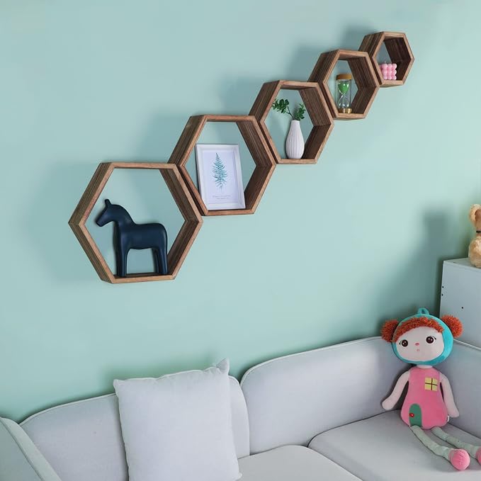 Hexagon Shelves, Floating Wall Shelf, Honeycomb Octagon Cube Shelves Wood | - Image 5