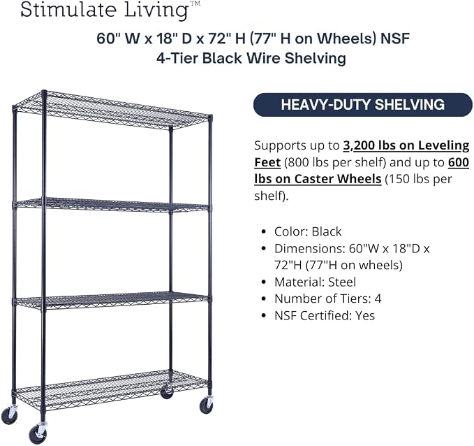 60"x18"x72" Prime Heavy Duty Black 4-Tier Wire Shelving NSF 3200 LBS MAX - Image 4