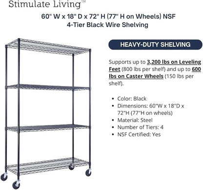 60"x18"x72" Prime Heavy Duty Black 4-Tier Wire Shelving NSF 3200 LBS MAX - Image 4