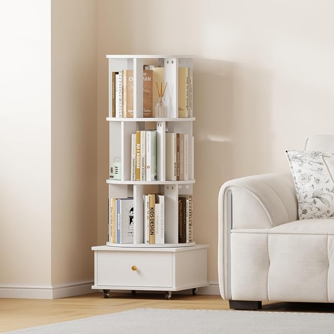 Rotating Bookshelf with Drawers on Lockable Wheels Wood White | 4 Tier Spinning by LMSXG-MZ