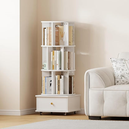 Rotating Bookshelf with Drawers on Lockable Wheels Wood White | 4 Tier Spinning by LMSXG-MZ