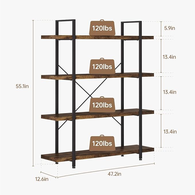Heavy Duty 4-Tier Industrial Bookcase, 120lbs Shelf Capacity, Rustic Open - Image 2