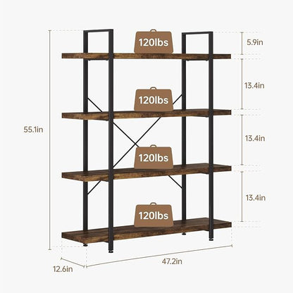 Heavy Duty 4-Tier Industrial Bookcase, 120lbs Shelf Capacity, Rustic Open - Image 2