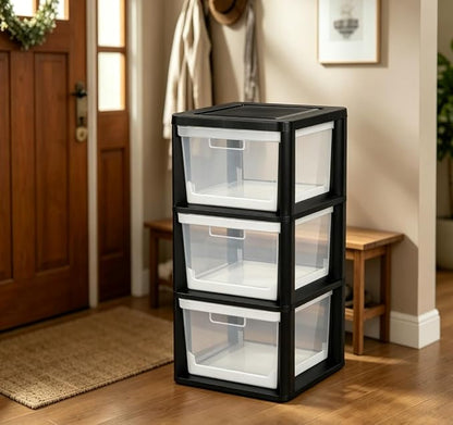 Black 3 Drawer Storage Tower, Plastic Organizer Cabinet - Image 5