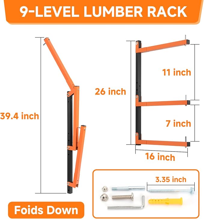 6 Pack Lumber Rack Wall Mount, Heavy Duty Wood Storage Racks, 9-Level System - Image 2