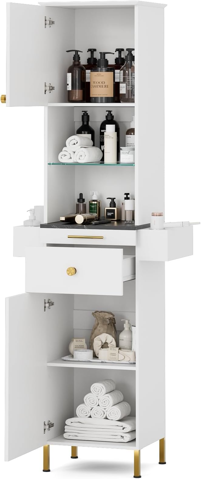 Salon Stations for Hair Stylist, Barber Station w/Glass Shelf & Golden Handles by TTGIEET