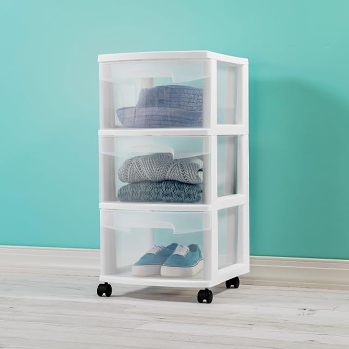 Sterilite 4 Pack Plastic Storage Organizer, 3 Drawer Rolling Bin Cart, Closet - Image 2