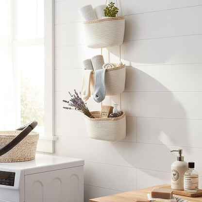 TeoKJ Over the Door Hanging Basket, 3-Tier Woven Cotton Wall-Mounted Storage - Image 5