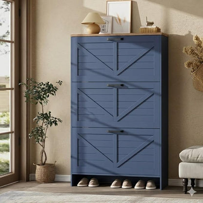 Nicetree Farmhouse Blue Shoe Cabinet – Ultra Slim 3-Drawer Flip Organizer by Nicetree