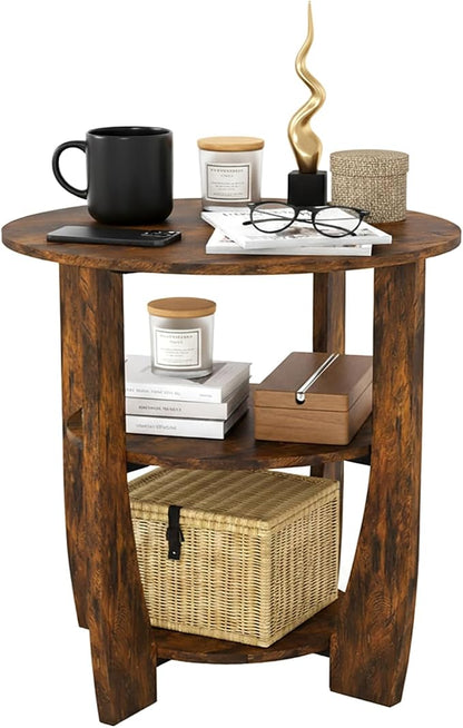 Rustic Brown Round Side Table, 3-Tier End Table by Zexvida