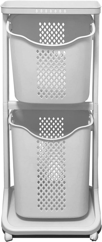 Laundry Basket with Wheels Plastic, 2 Tier, 40L+32L Large Capacity, Storage by U-BCOO