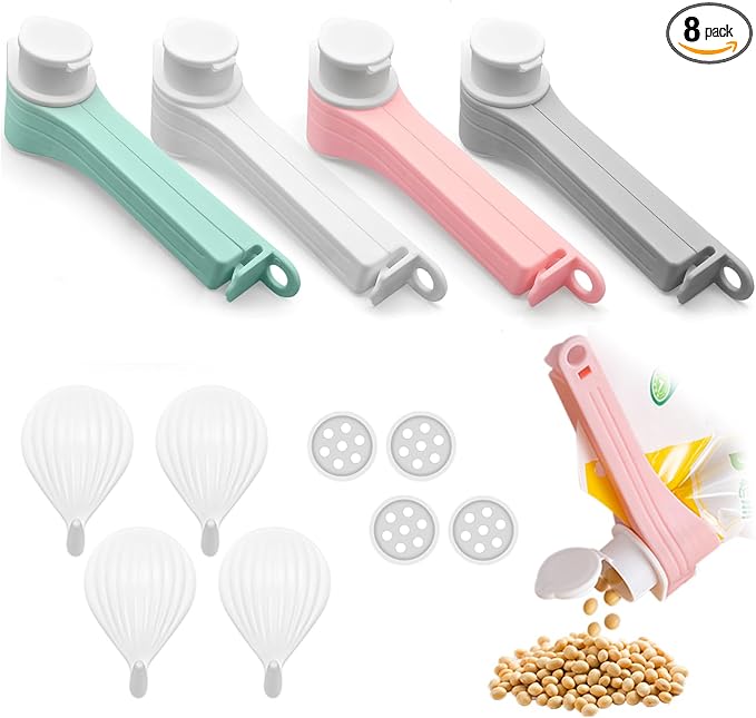 4pcs Bag Spout Clip +4pcs Adhesive Hooks | Food Clip Set by DEFORAGE