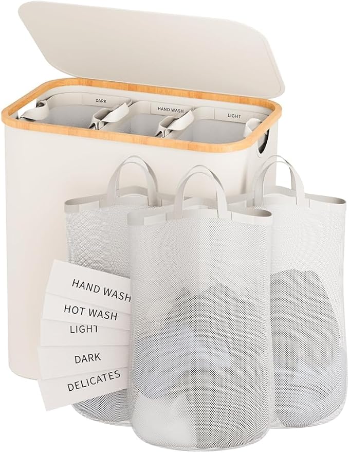 145L Laundry Hamper with Lid, 3 Section Laundry Basket with 3 Removable Bag | by Bathola