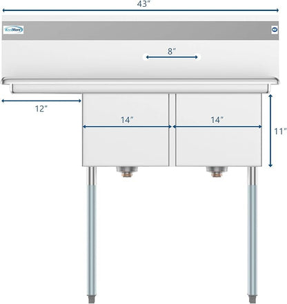 KoolMore 2 Compartment Stainless Steel NSF Commercial Kitchen Prep & Utility - Image 3