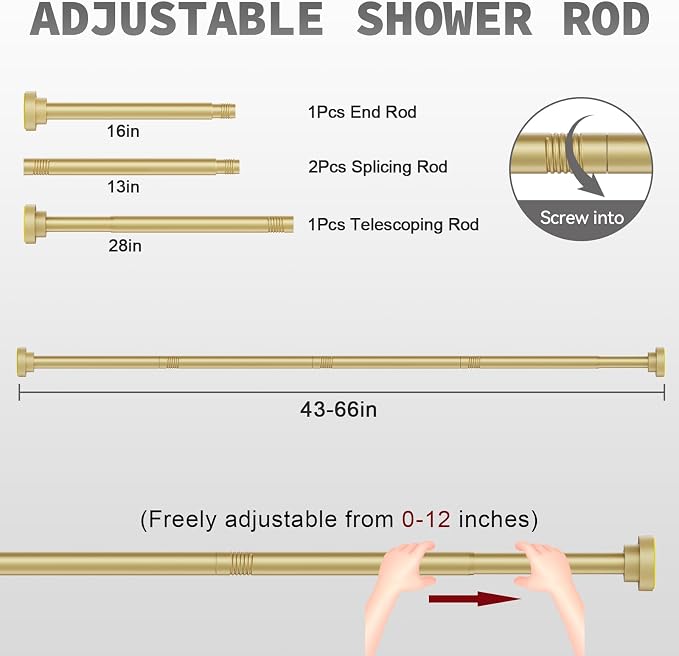 Thestoa Gold Shower Curtain Rod Adjustable 43-66 inch, Anti-Rust Non-Slip - Image 5