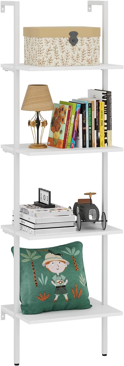 Ladder Shelf 4 Tiers Metal Industrial Bookshelf, Wall Mount Wide Bookcase by Wolawu