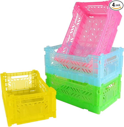 4Pack Pastel Plastic Storage Crates and Baskets, Collapsible Crates by HomeandOfficeStorage