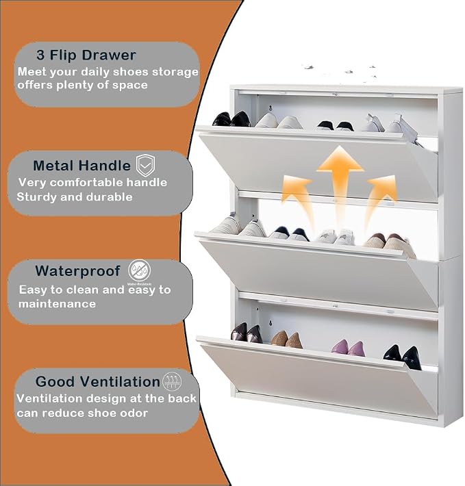 Shoe Storage Cabinet with 3 Flip Drawers, Hidden Slim Narrow Shoe Rack Cabinet - Image 4