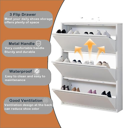 Shoe Storage Cabinet with 3 Flip Drawers, Hidden Slim Narrow Shoe Rack Cabinet - Image 4