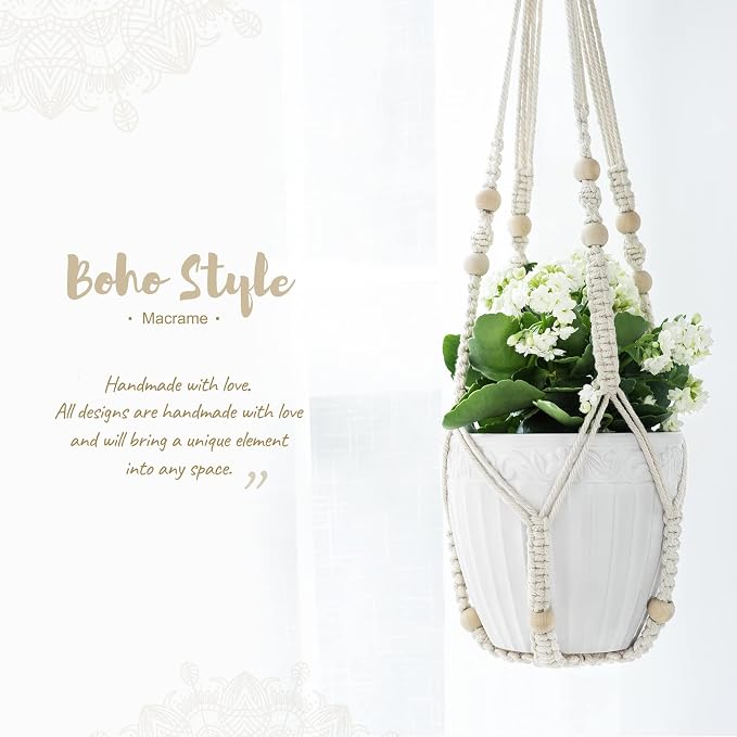 Mkono Macrame Plant Hanger Indoor 35 Inch Hanging Planter Basket Ivory 3Pcs | - Image 7