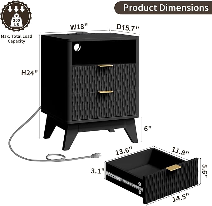 Fluted Nightstand with Charging Station, Bedside Table - Image 2