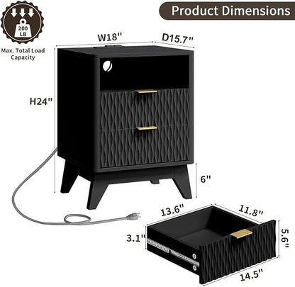 Fluted Nightstand with Charging Station, Bedside Table - Image 2