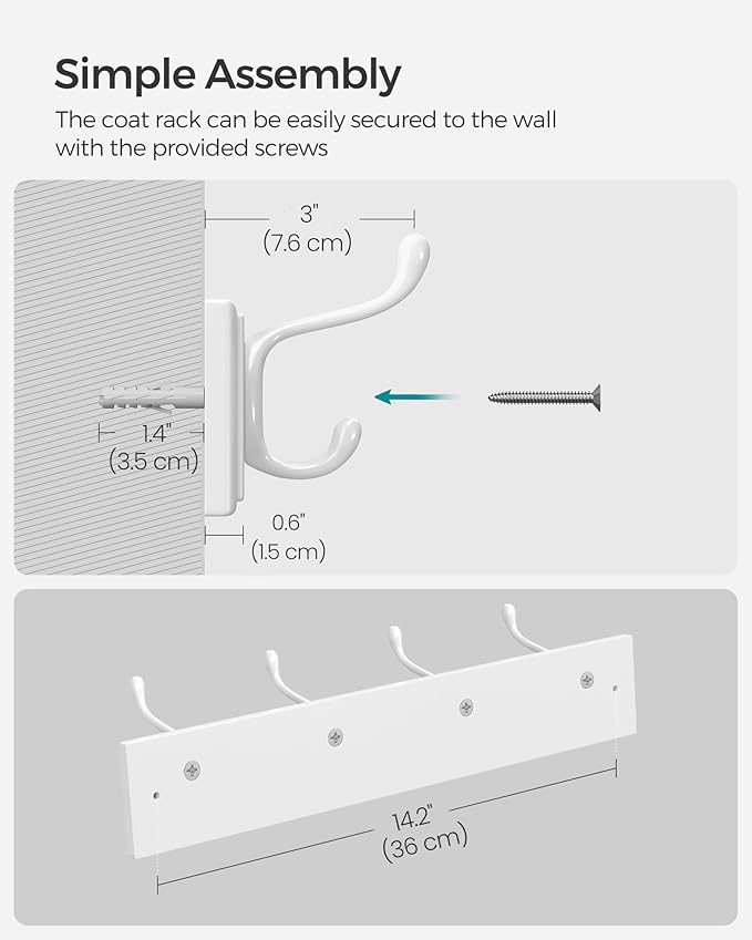 SONGMICS Wall-Mounted Coat Rack, Hook Rack, 4 Dual Metal Hooks, - Image 6