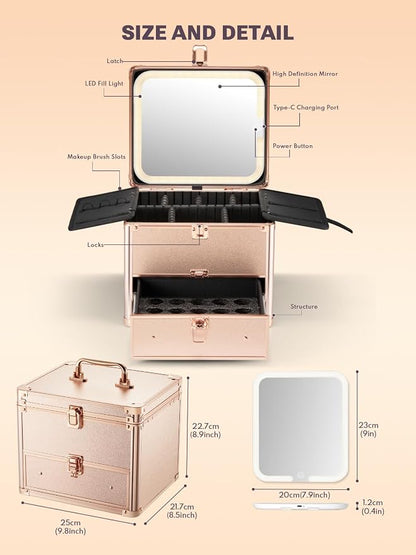 Qislee Makeup Box with Drawer and A Detachable Lighted Mirror, Waterproof - Image 3