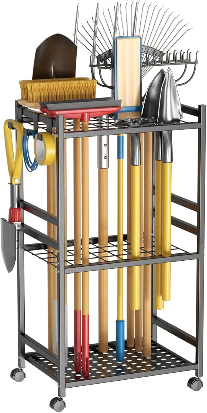 Garden Tool Organizer with Wheels, Heavy-Duty Yard Tool Rack with 3 Side Hooks by Unknown