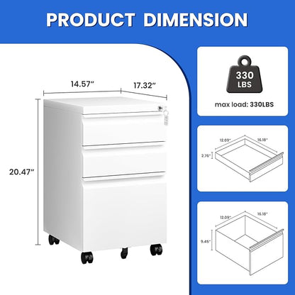 MIIIKO White Filing Cabinet 3 Drawers on Wheels Under Desk, Metal Rolling File - Image 3