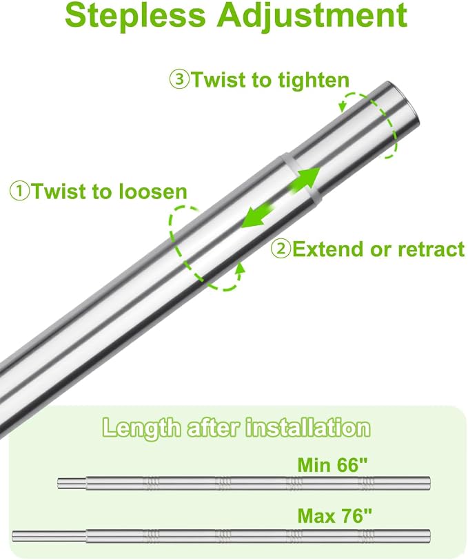 Closet Rod 1 Pack, Adjustable Clothes Haning Rod 66 to 76 Inches, Stainless - Image 2