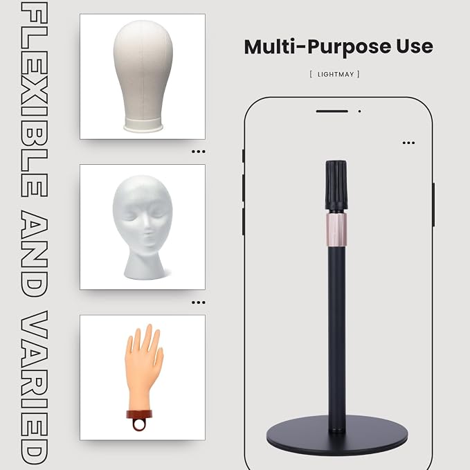 Adjustable Wig Head Stand – Matte Black Metal, Works - Image 3