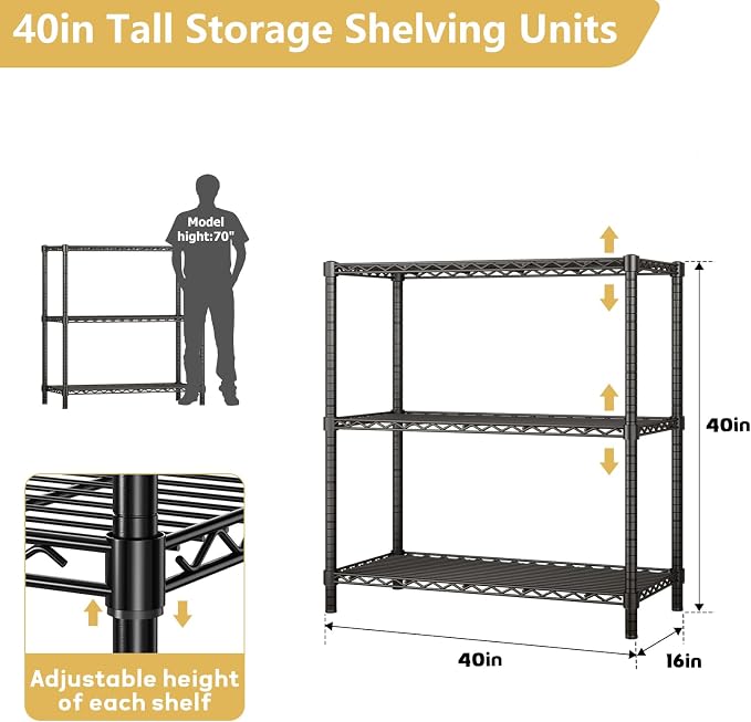 ROOMTEC 3-Tier Heavy Duty Wire Shelving Unit, 1200 lbs Total Capacity - Image 3