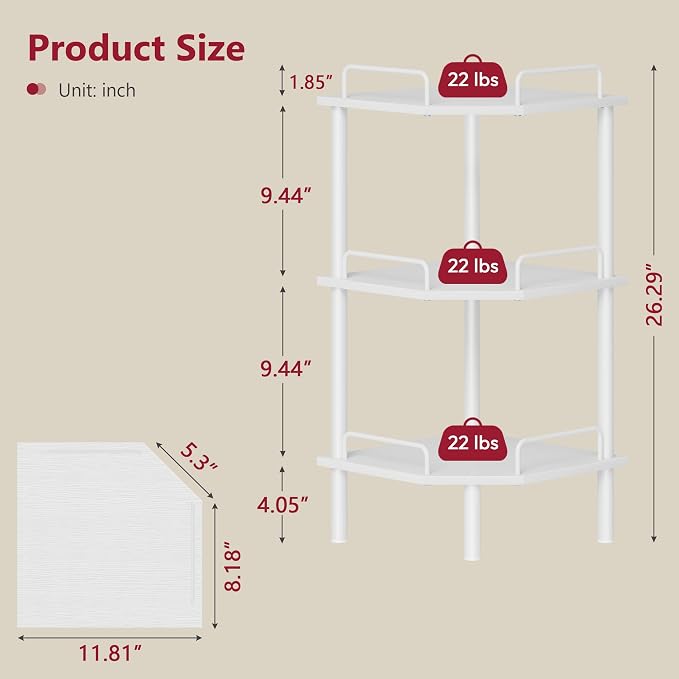 Tajsoon 3 Tier Corner Shelf Stand, Standing Corner Shelf Unit, Industrial Short - Image 3