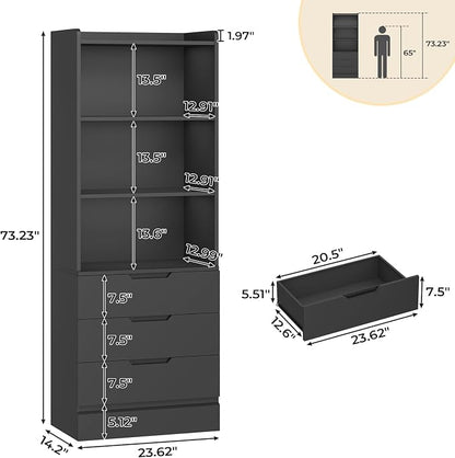 DICTAC Bookcase with 3 Drawers and Shelves 73.23'' Tall Bookshelf with Storage - Image 3