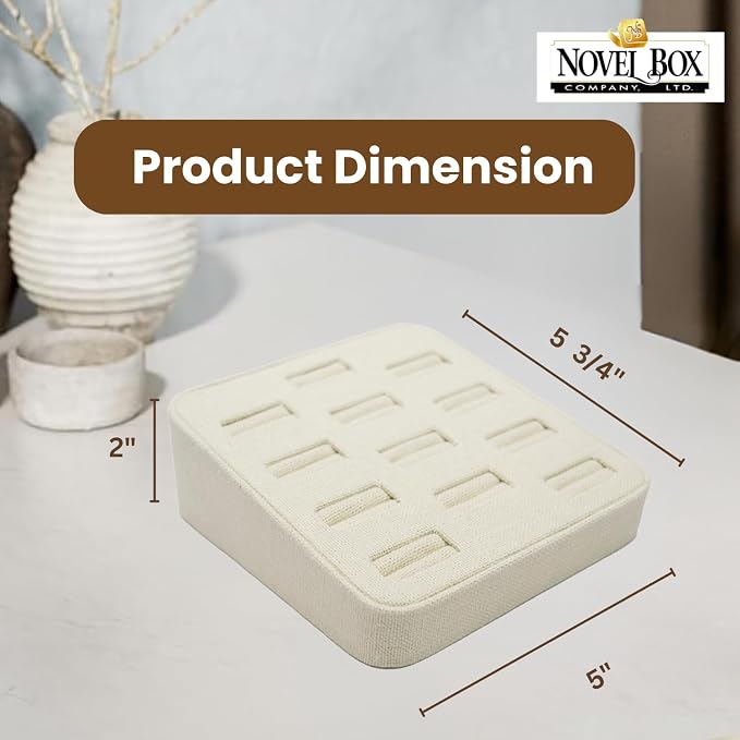 Novel Box 12-Slot Beige Linen Rings/Earrings/Cufflinks Holder Tray 5.75x5x2 - Image 2