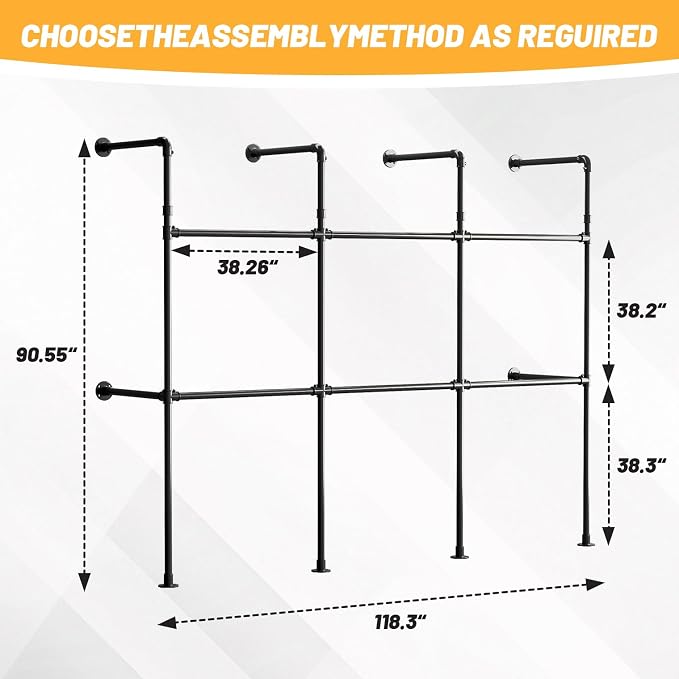 Industrial Pipe Clothing Rack, Reversible 118.3'' Clothes Rack - Image 2