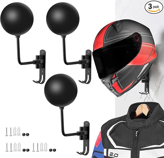 SANGMO 3 Pack 180° Motorcycle Helmet Rack, Rotation Metal Helmet Holder Wall by SANGMO