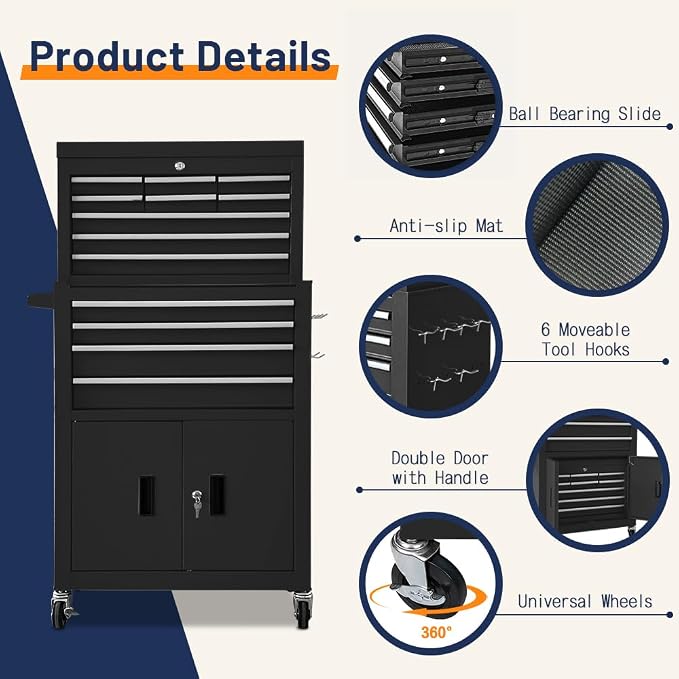 13-Drawer Double Door Rolling Tool Chest, 2 in 1 Detachable Tool Chest - Image 5