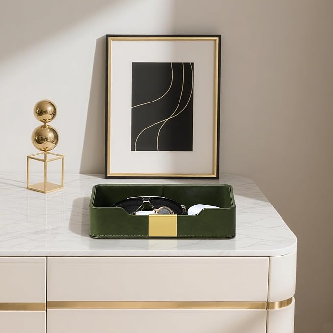 PU Leather Valet Tray with Gold Accent, Decorative Nightstand Organizer Desk - Image 6
