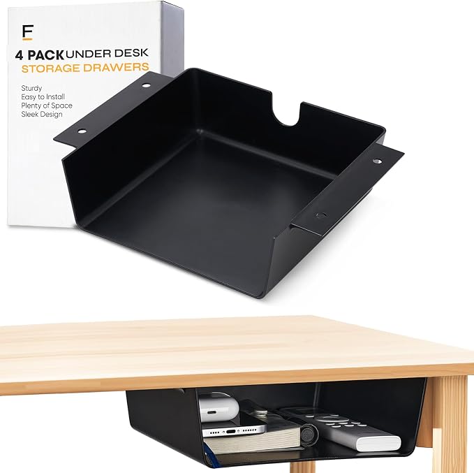 4 Pack Under Desk Hanging Shelf Drawer Organizer, Attachable Plastic Hidden by Unknown