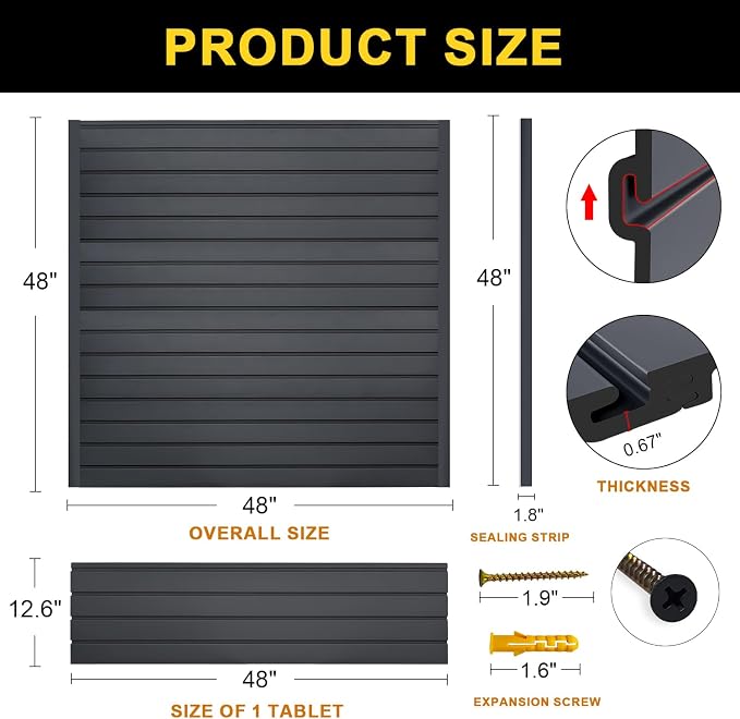 4'H x 4'W PVC Slatwall Panels Garage Wall Storage System, GraphiteSlat Wall - Image 3