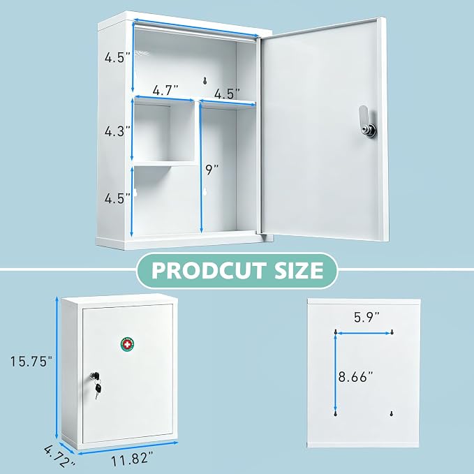 KYODOLED Wall Mount Locking Medicine Cabinet, Large Capacity First Aid Cabinet - Image 3