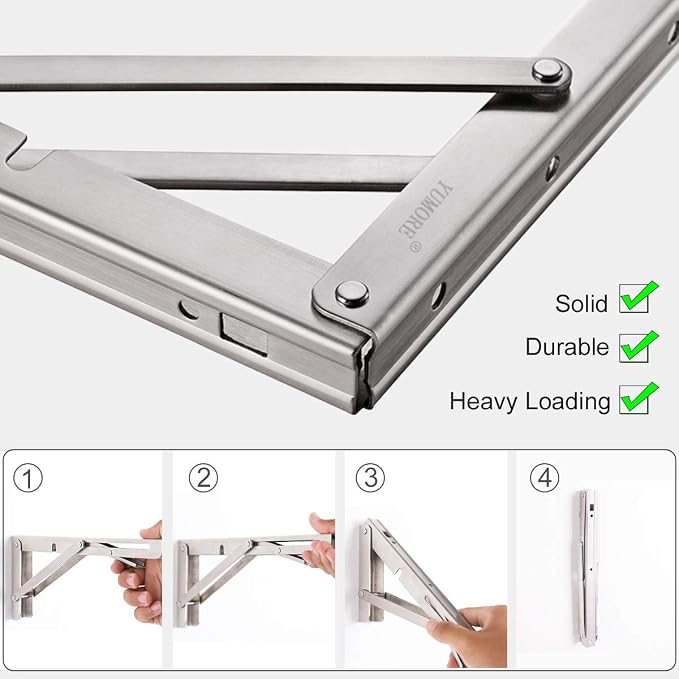 YUMORE Folding Shelf Brackets 10", Max Load: 330lb Heavy Duty Stainless Steel - Image 2